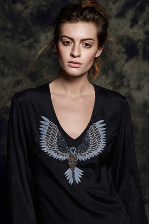 1461S  V-neck blouse Mat black - Bird grey